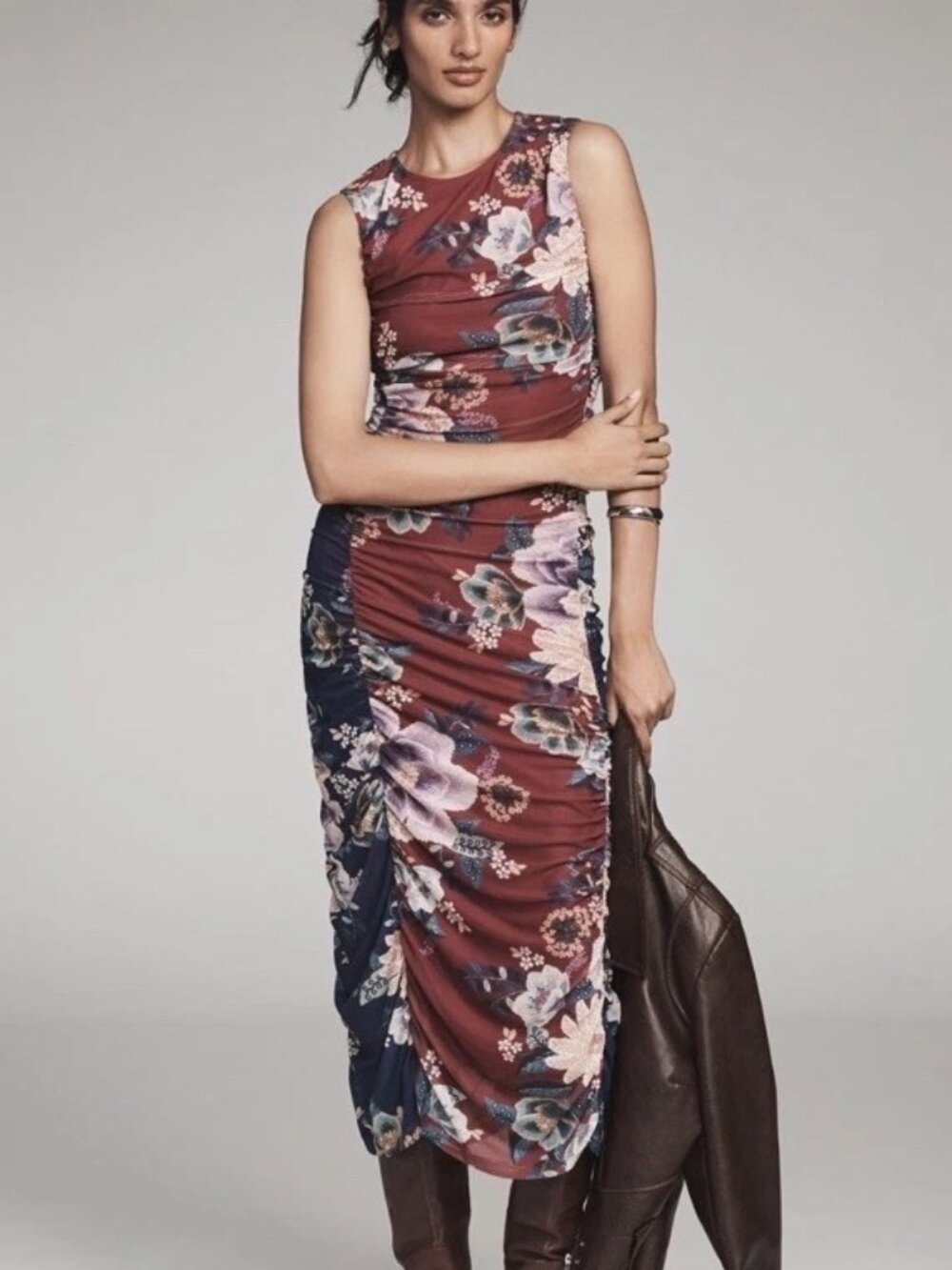 FARM Rio Burgundy and Navy Floral Midi Dress
